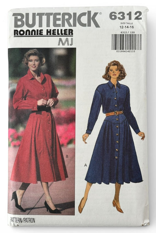 Butterick Sewing Pattern 6312 Shirt Dress 90s Midi Flare Modest Easy 12 14 16 UC