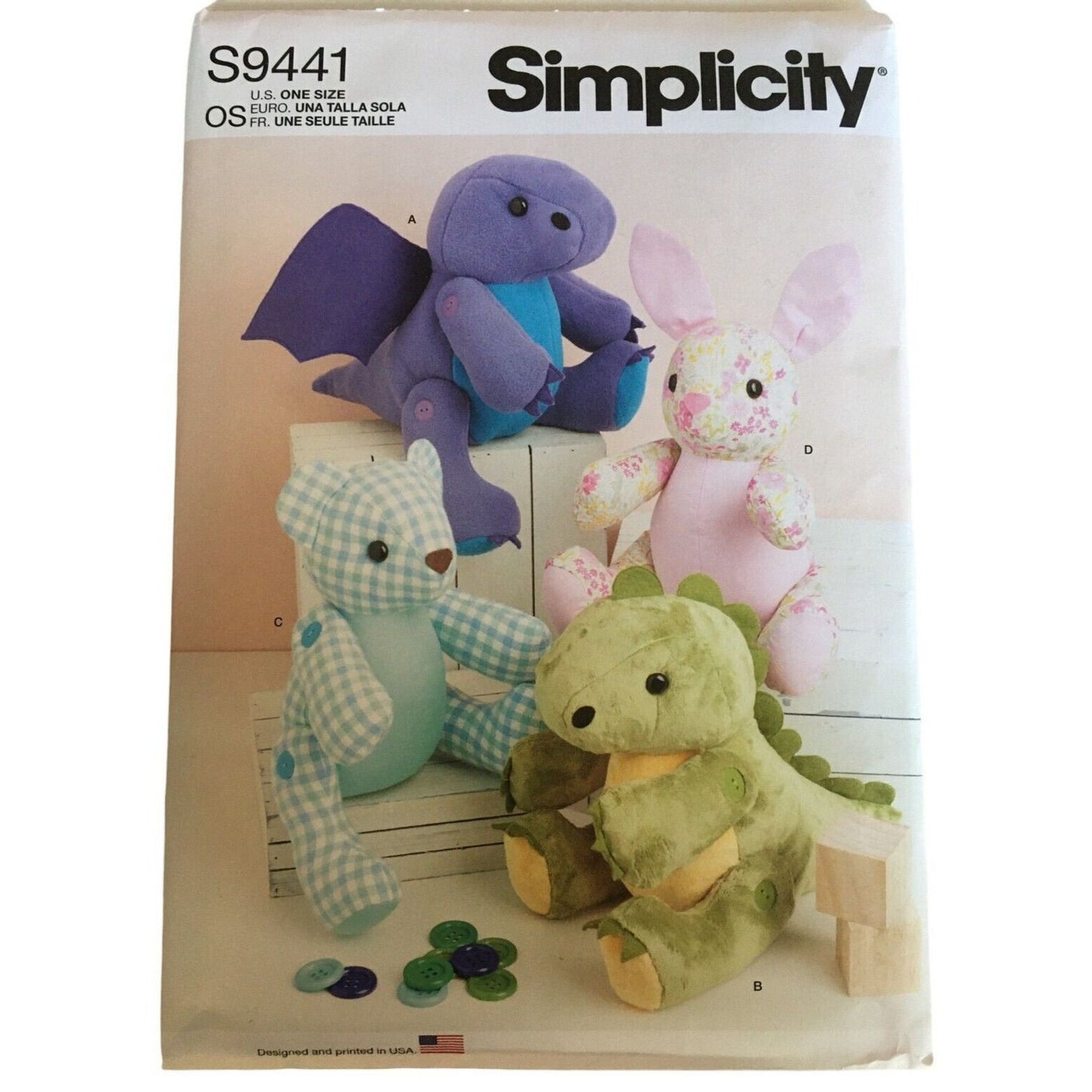 Simplicity Sewing Pattern S9441 Memory Teddy Bear Stuffed Animal Dragon Dino UC