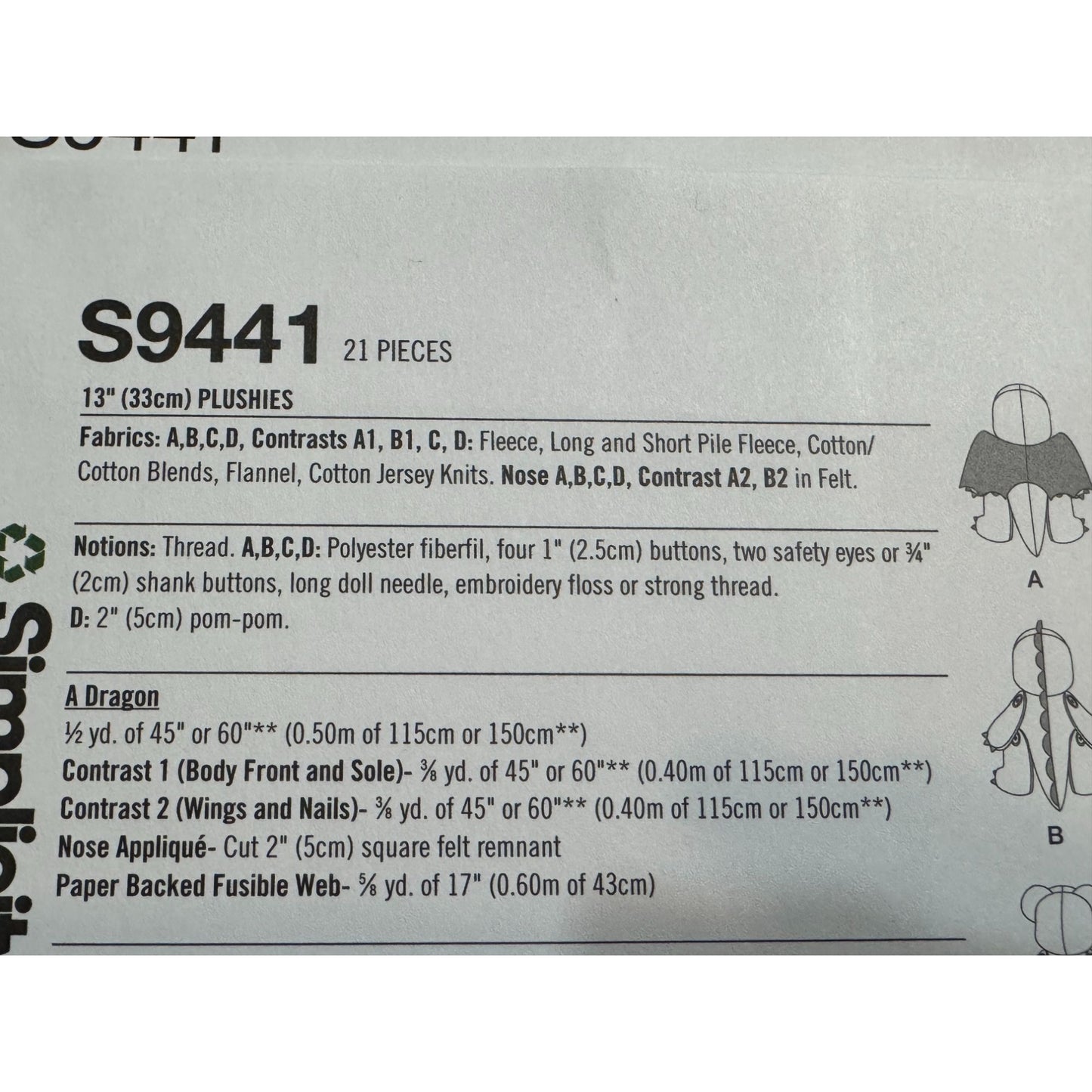 Simplicity Sewing Pattern S9441 Memory Teddy Bear Stuffed Animal Dragon Dino UC
