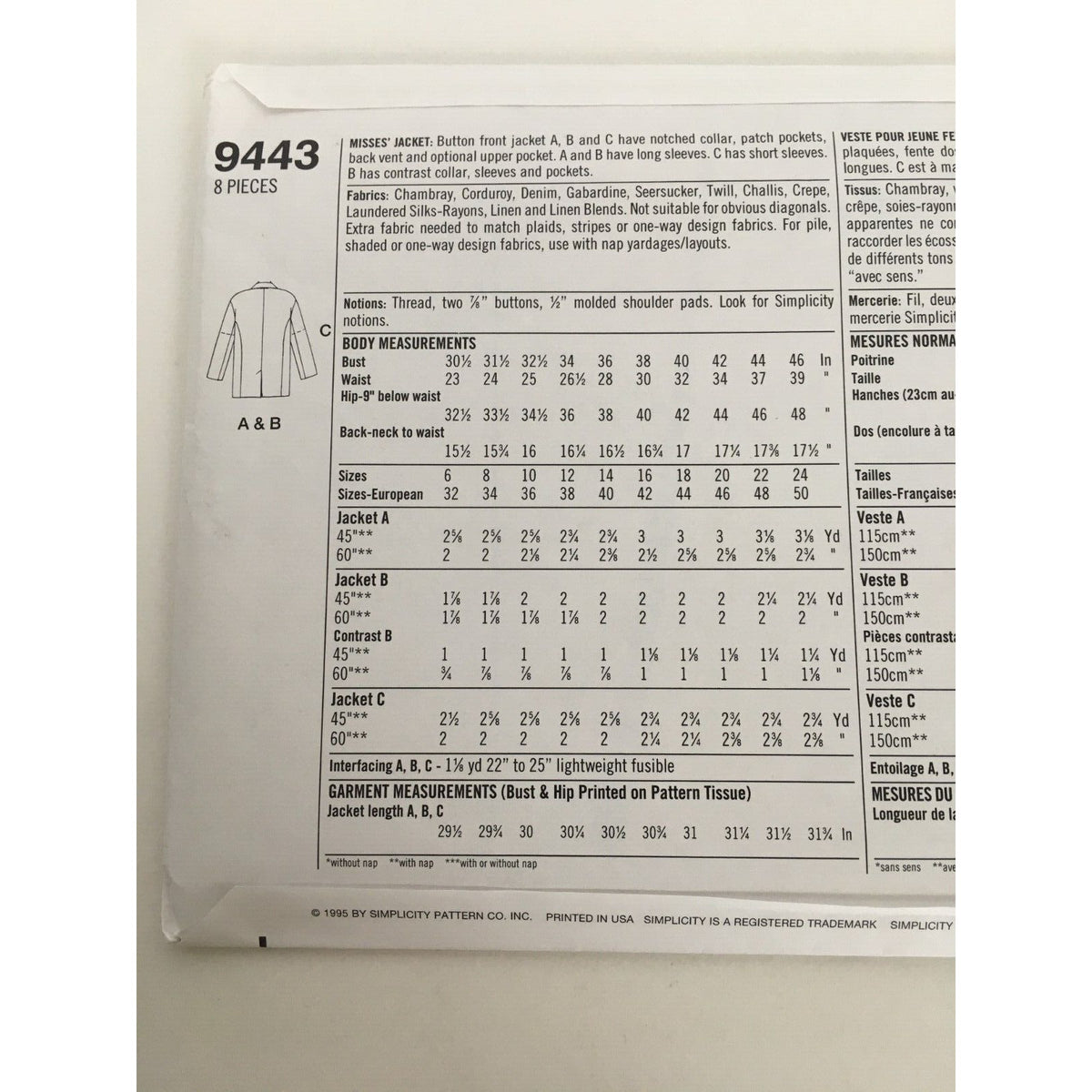 Simplicity Sewing Pattern 9443 Misses Jacket Blazer Career Casual Sz 10-16 Uncut
