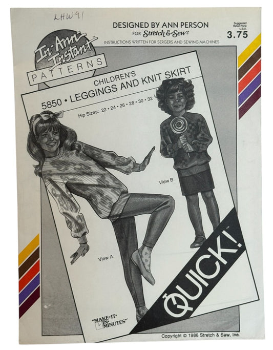 Stretch and Sew Sewing Pattern 5850 Girls Leggings and Knit Skirt Vintage 1980s