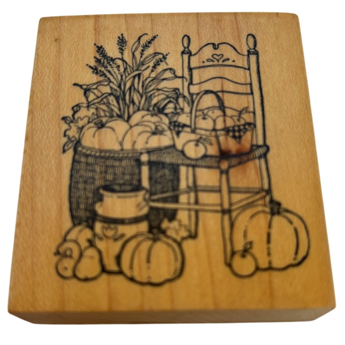 Delafield Rubber Stamp Harvest Chair Pumpkin Basket Apples Fall Thanksgiving Cardmaking Corn Stalks