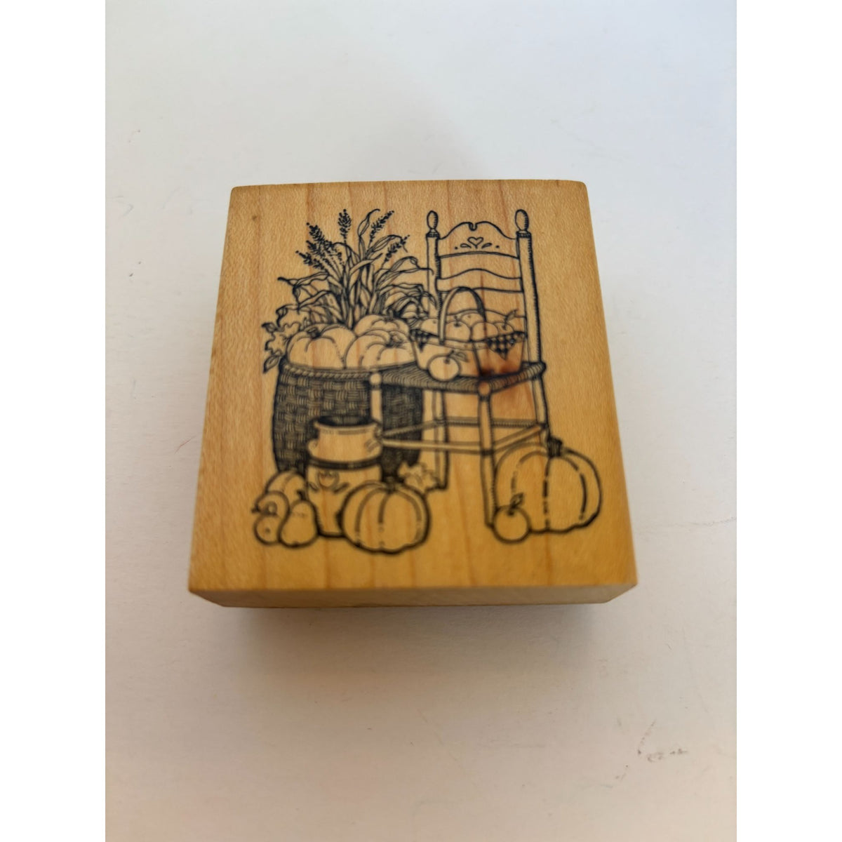 Delafield Rubber Stamp Harvest Chair Pumpkin Basket Apples Fall Thanksgiving Cardmaking Corn Stalks
