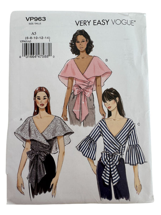Vogue Sewing Pattern VP963 Misses Wrap Tops Shirt Draped Collar 6-14 Easy Uncut