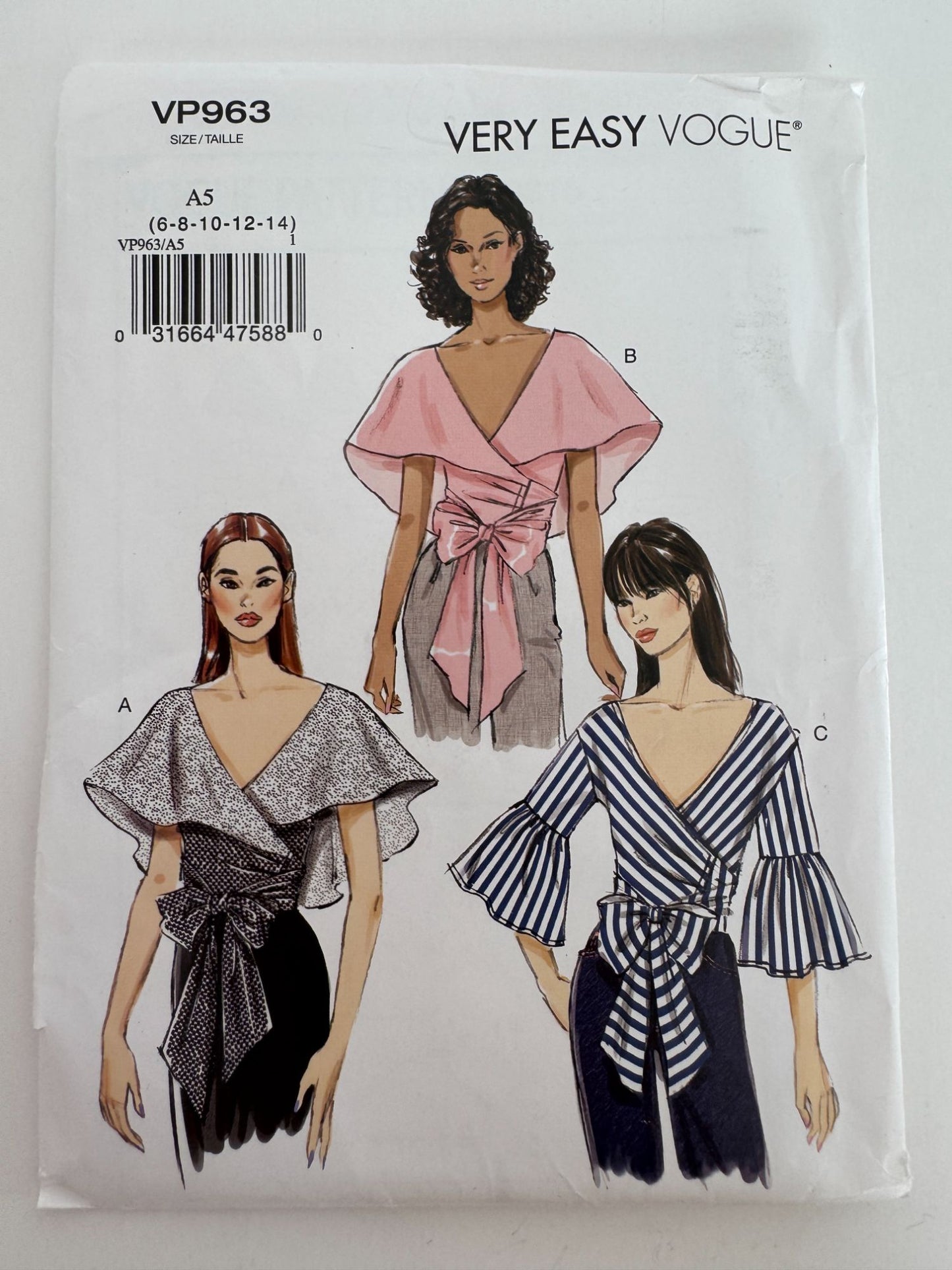 Vogue Sewing Pattern VP963 Misses Wrap Tops Shirt Draped Collar 6-14 Easy Uncut
