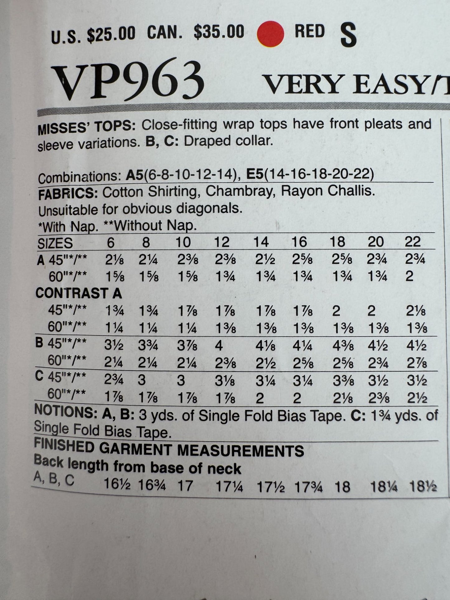 Vogue Sewing Pattern VP963 Misses Wrap Tops Shirt Draped Collar 6-14 Easy Uncut