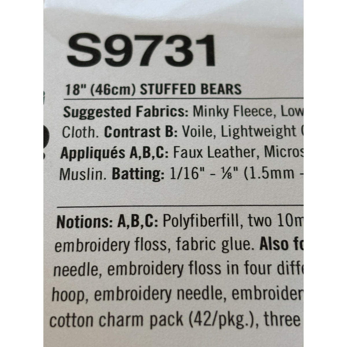 Simplicity Sewing Pattern S9731 Memory Bear Plush Toy by Carla Reiss 18" Uncut