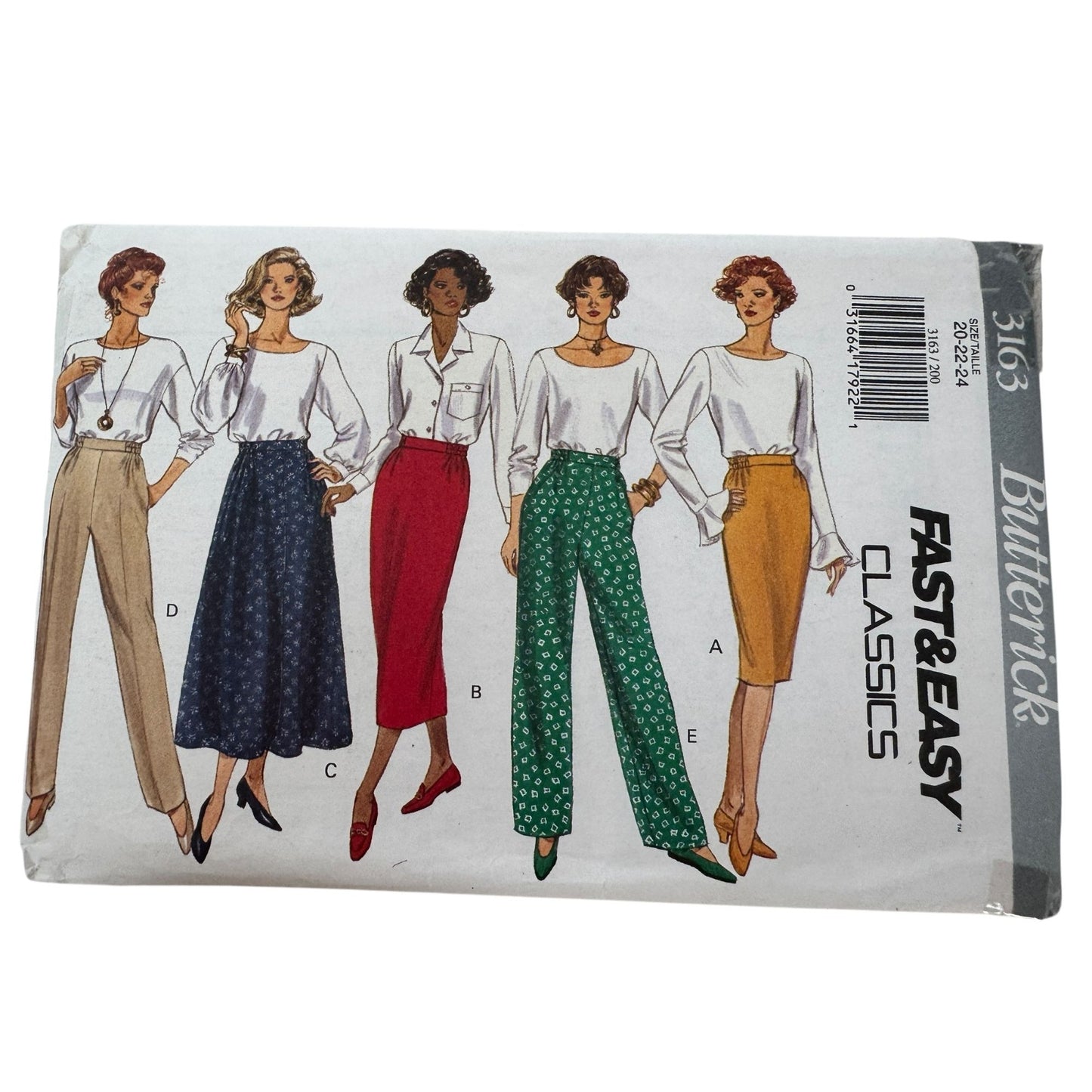 Butterick Sewing Pattern 3163 Slightly Tapered Skirt Pants Classic Easy UC 1990s