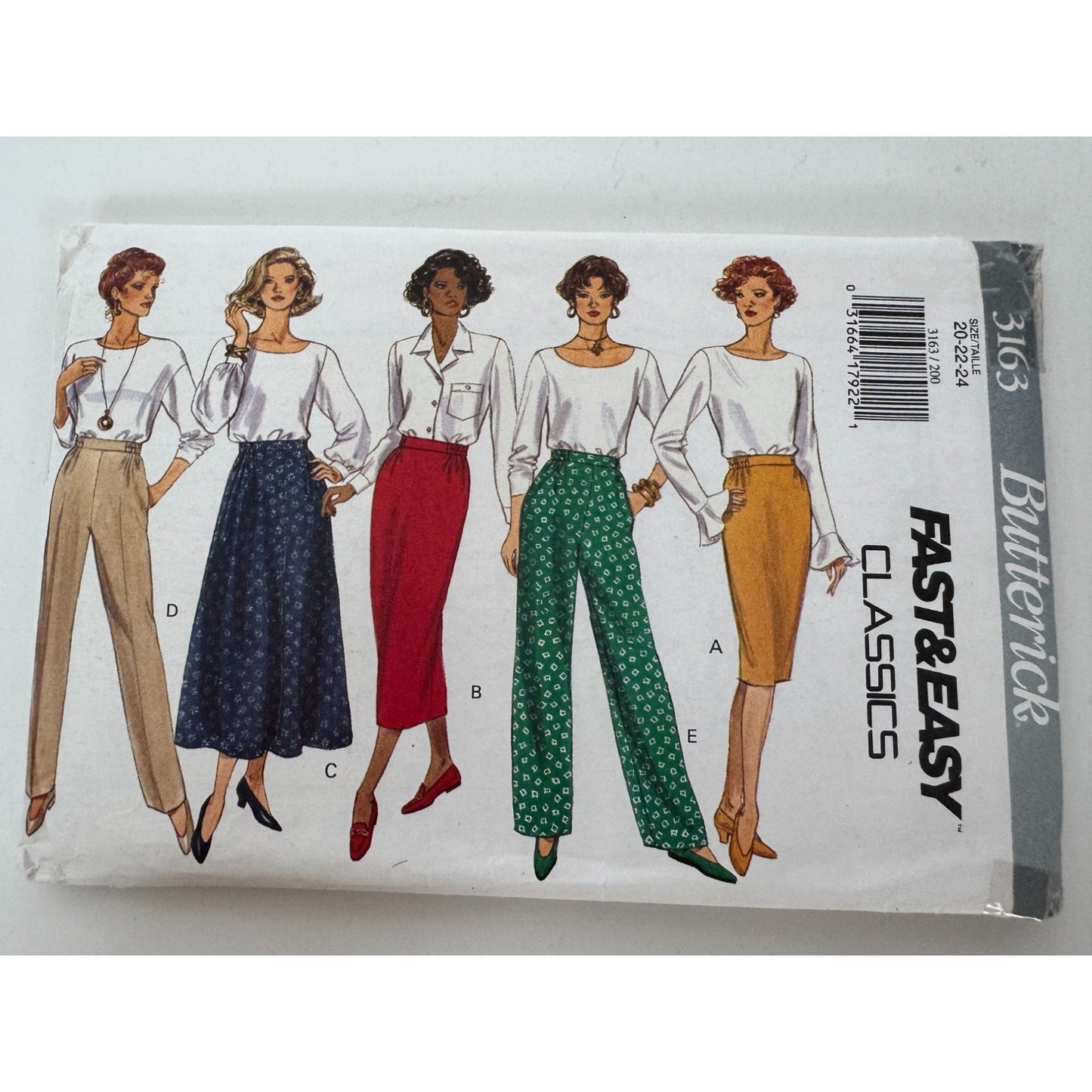 Butterick Sewing Pattern 3163 Slightly Tapered Skirt Pants Classic Easy UC 1990s