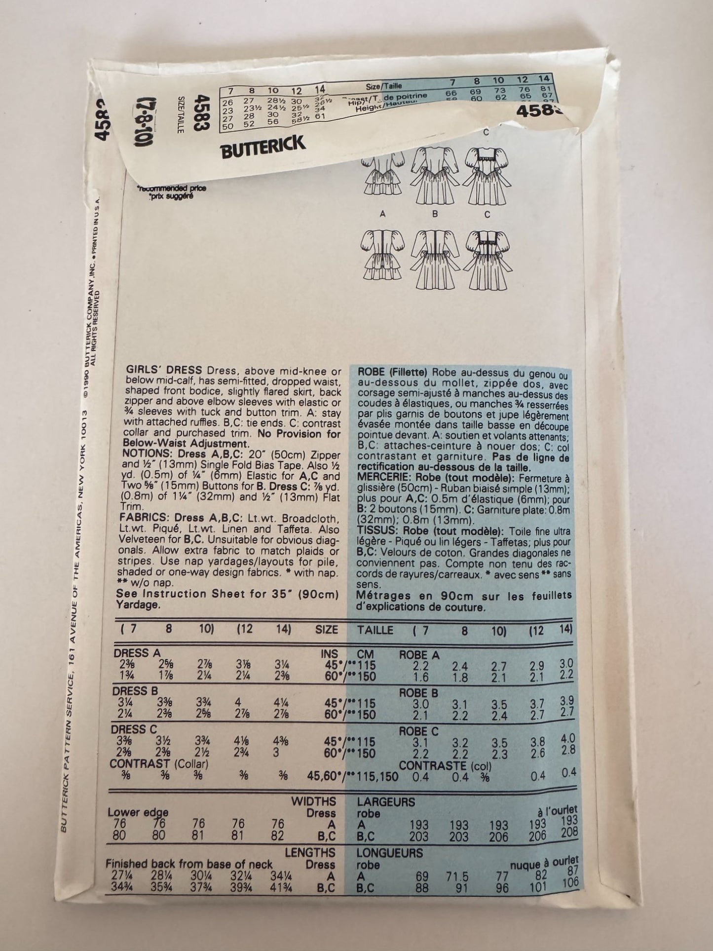 Butterick Sewing Pattern 4583 Girls Easter Dress Spring Flared Skirt Easy 7 8 10