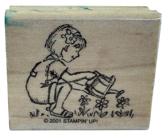 Stampin Up Rubber Stamp Little Girl Watering Can Garden Flowers Gardening Craft