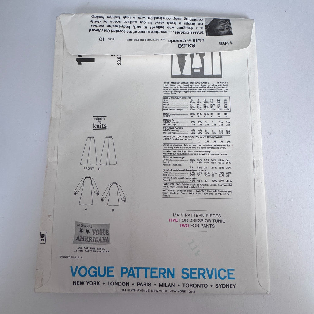 Vogue Sewing Pattern 1168 Stan Herman Dress Pants 10  American Designer UC Easy