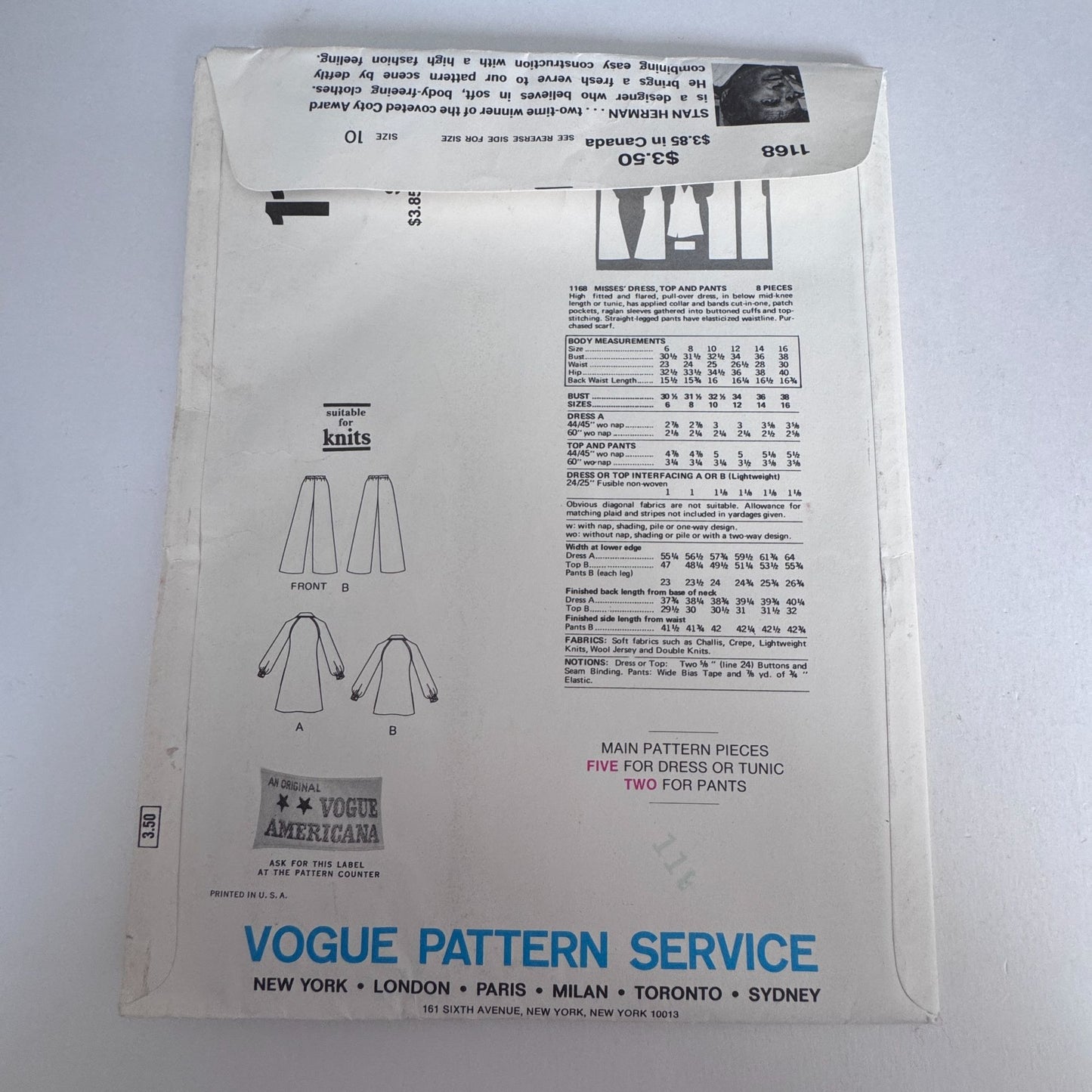 Vogue Sewing Pattern 1168 Stan Herman Dress Pants 10  American Designer UC Easy