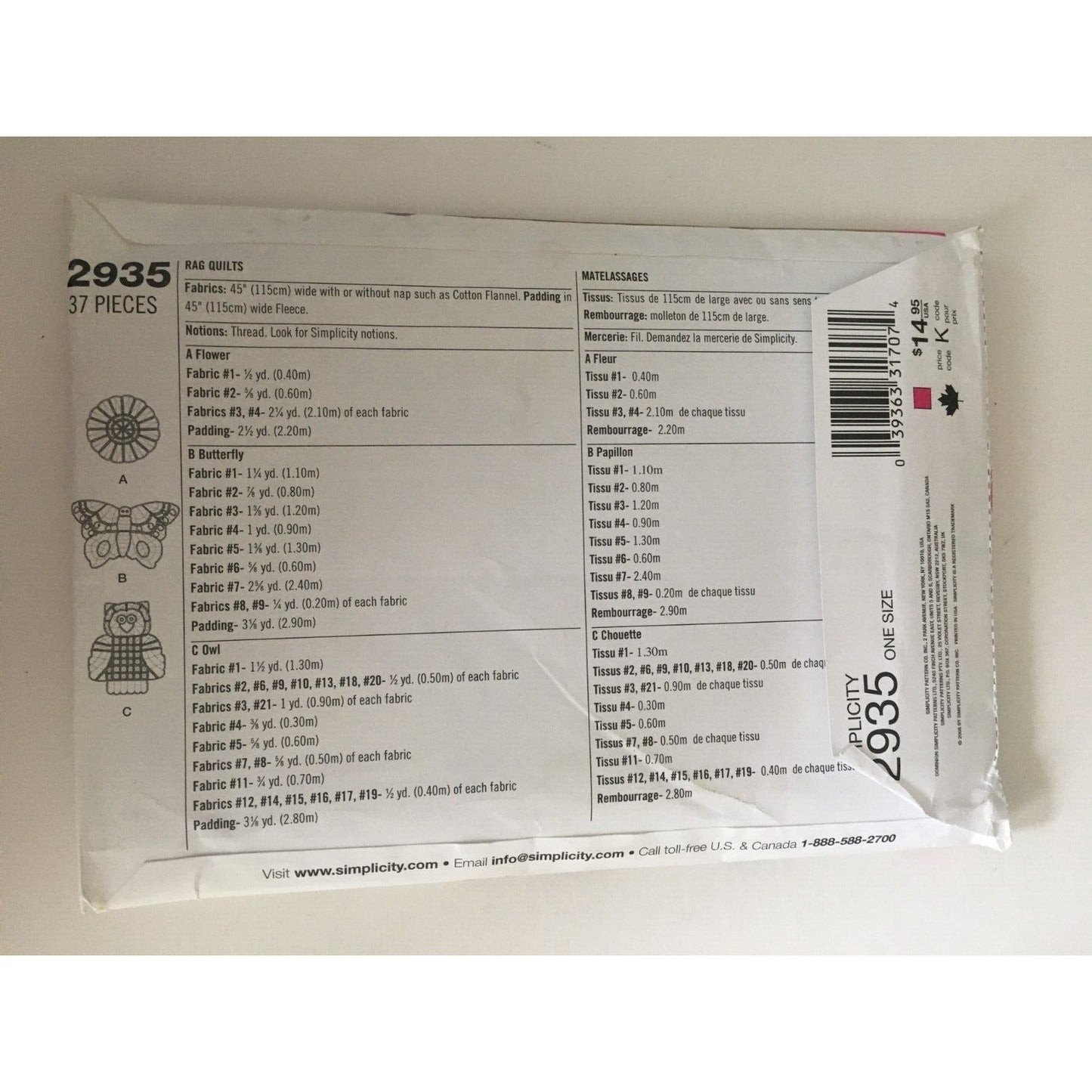 Simplicity Sewing Pattern 2935 Rag Quilts Flower Butterfly Owl Home Decor Uncut