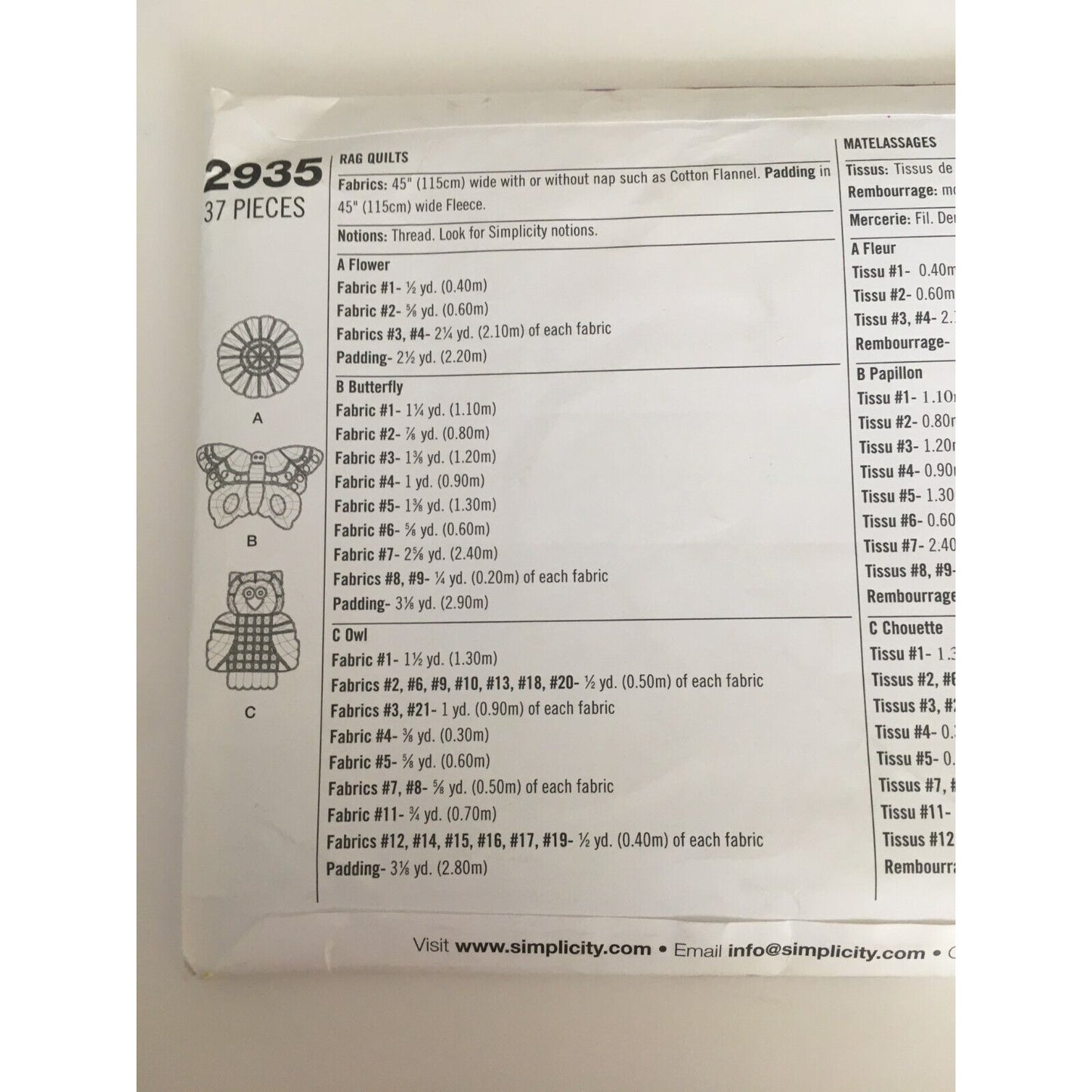 Simplicity Sewing Pattern 2935 Rag Quilts Flower Butterfly Owl Home Decor Uncut