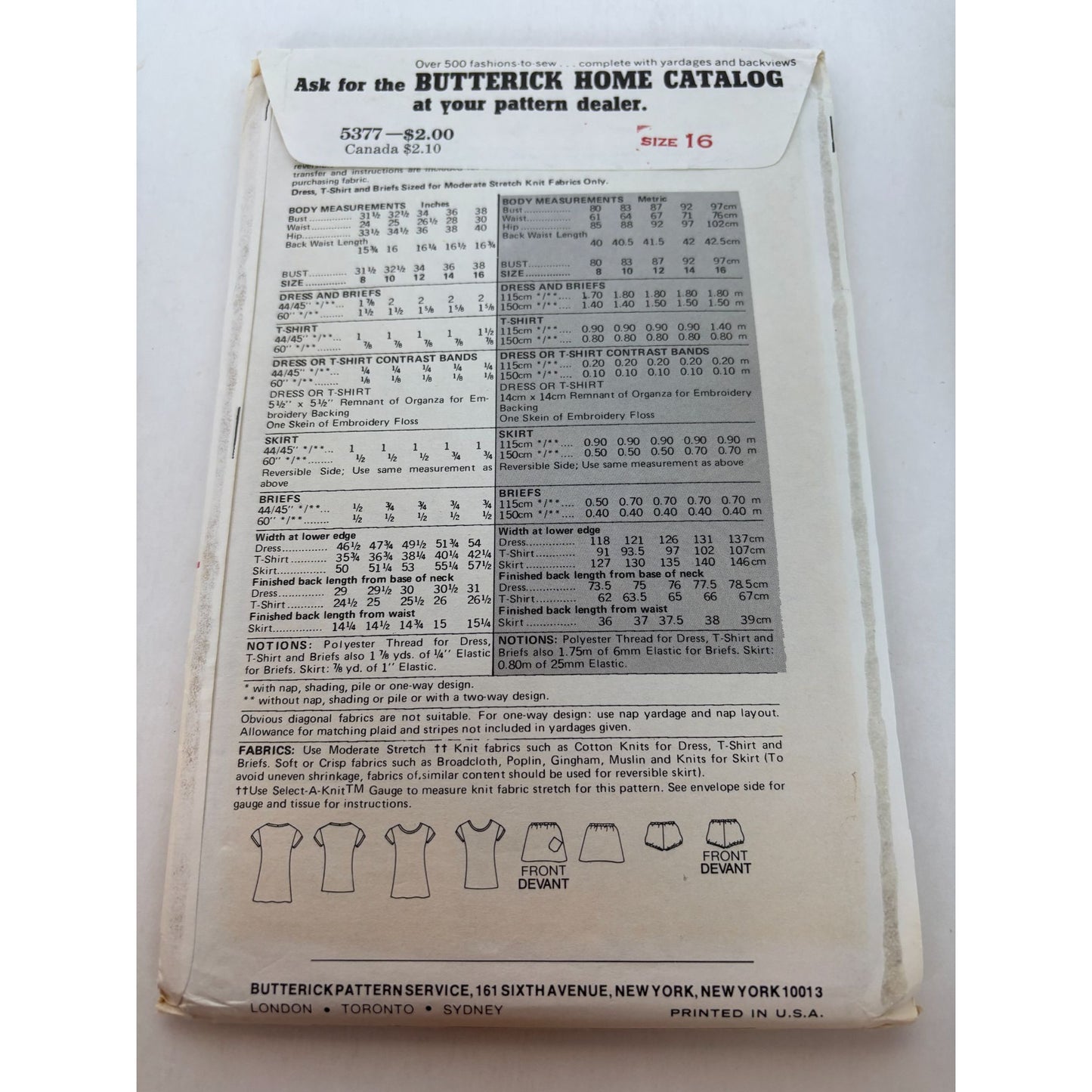 Butterick Sewing Pattern 5377 Tennis Dress T-Shirt Skirt Vintage Size 16