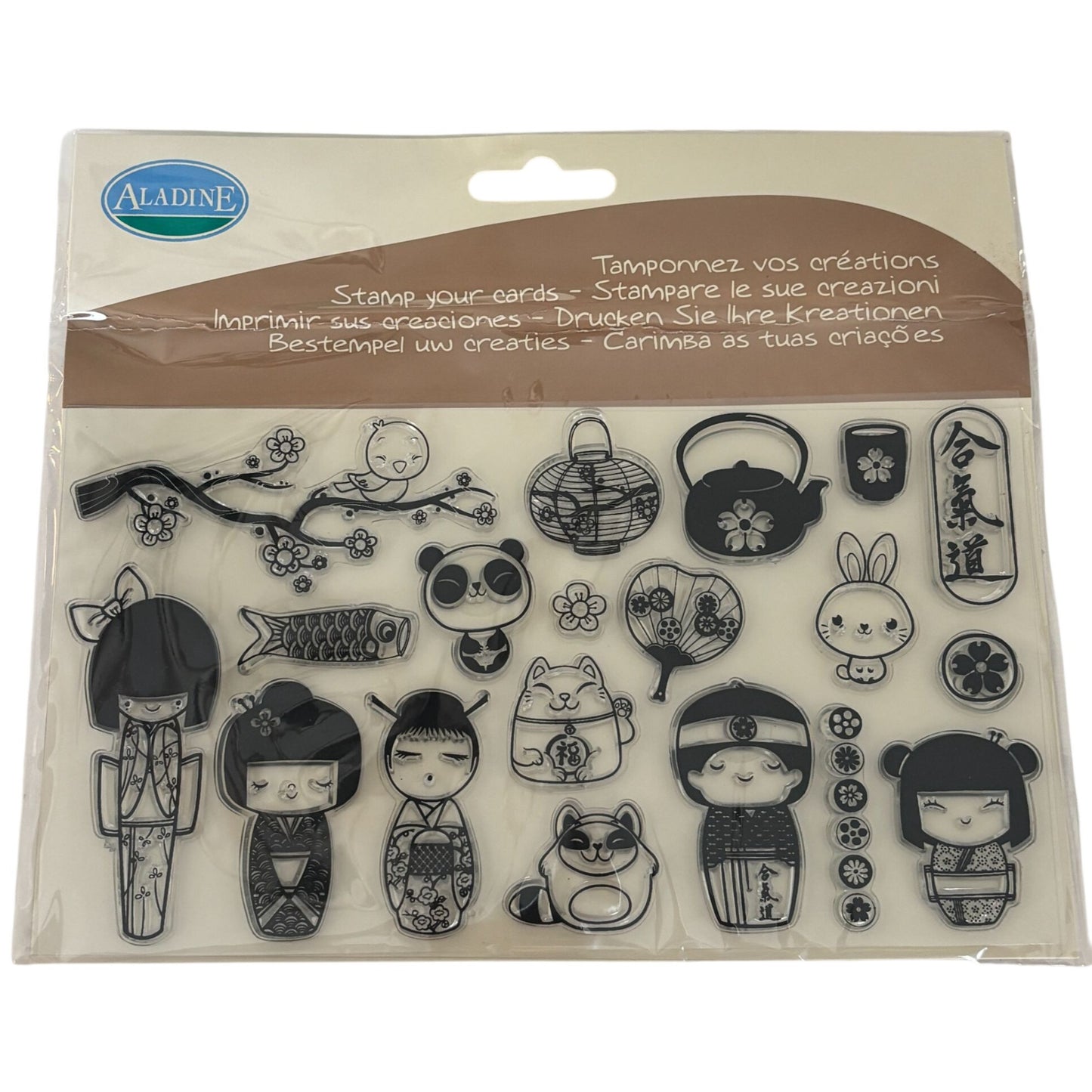 Aladine Clear Stamps Set Kawaii Japanese Characters Lantern Tea Panda Asian Cat Animals Bird