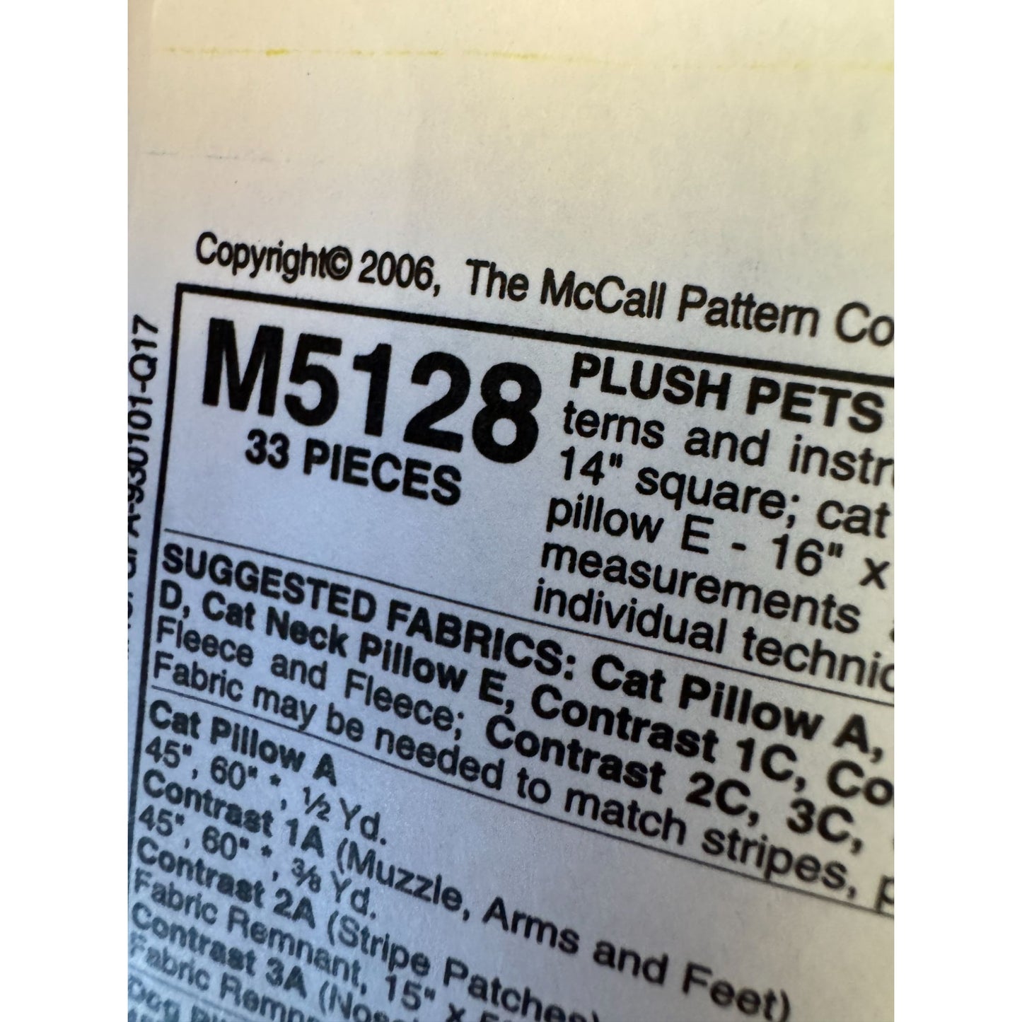 McCalls Crafts Sewing Pattern M5128 Plush Pets Cat Neck Pillow Dog Travel Uncut