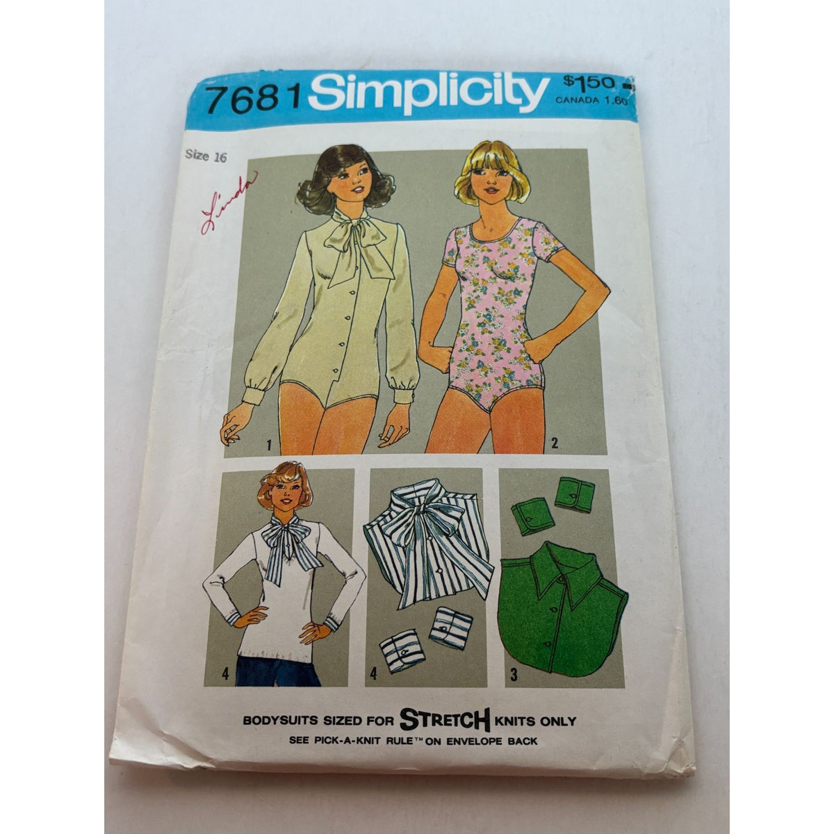 Simplicity Sewing Pattern 7681 Misses Bodysuits Dickeys 1970s Vintage 16 Uncut
