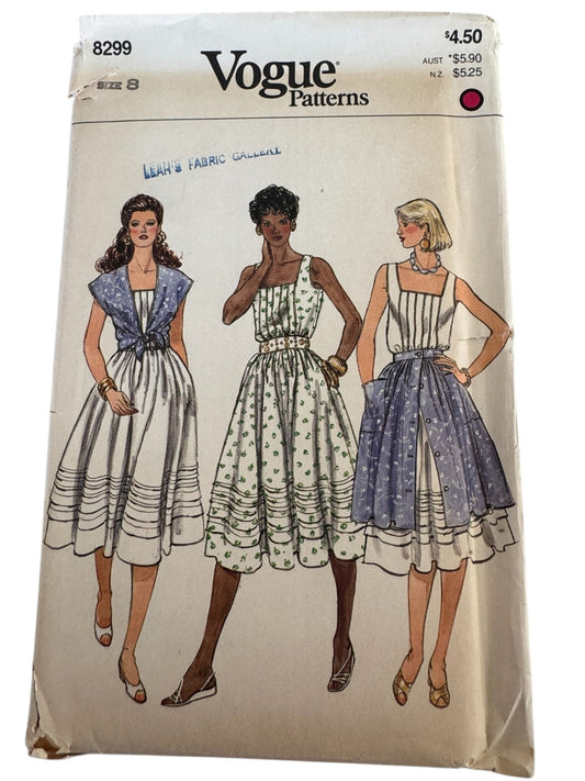 Vogue Sewing Pattern 8299 1980s Full Skirt Summer Dress Fit and Flare 8 UC Rare