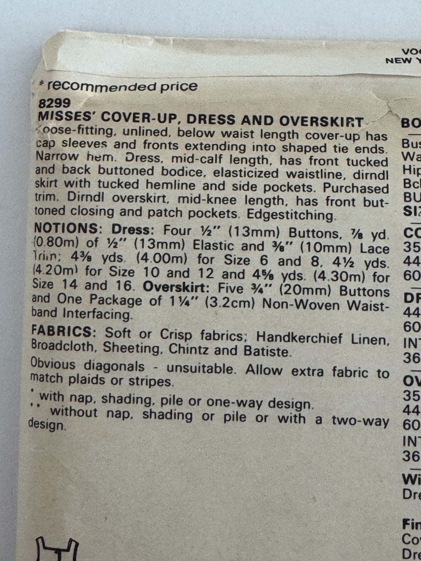 Vogue Sewing Pattern 8299 1980s Full Skirt Summer Dress Fit and Flare 8 UC Rare