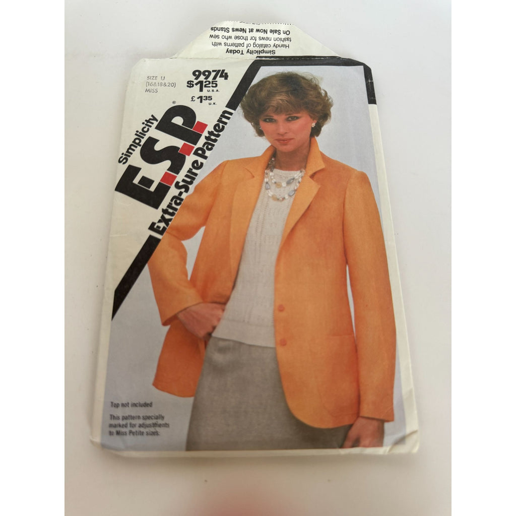 Simplicity Sewing Pattern 9974 ESP Unlined Work Blazer Jacket 16 18 20 Uncut