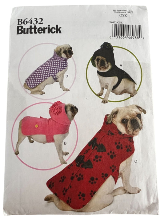 Butterick Sewing Pattern B6432 Dog Coats Pet Clothing Winter Outerwear Hooded UC