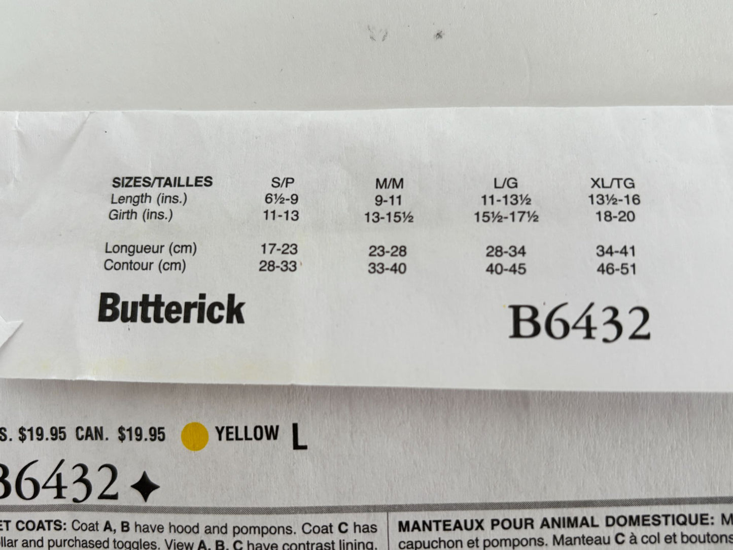 Butterick Sewing Pattern B6432 Dog Coats Pet Clothing Winter Outerwear Hooded UC