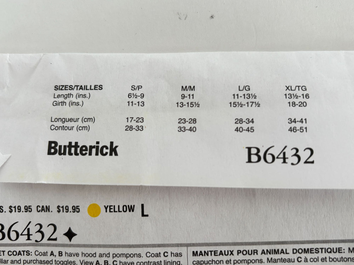 Butterick Sewing Pattern B6432 Dog Coats Pet Clothing Winter Outerwear Hooded UC