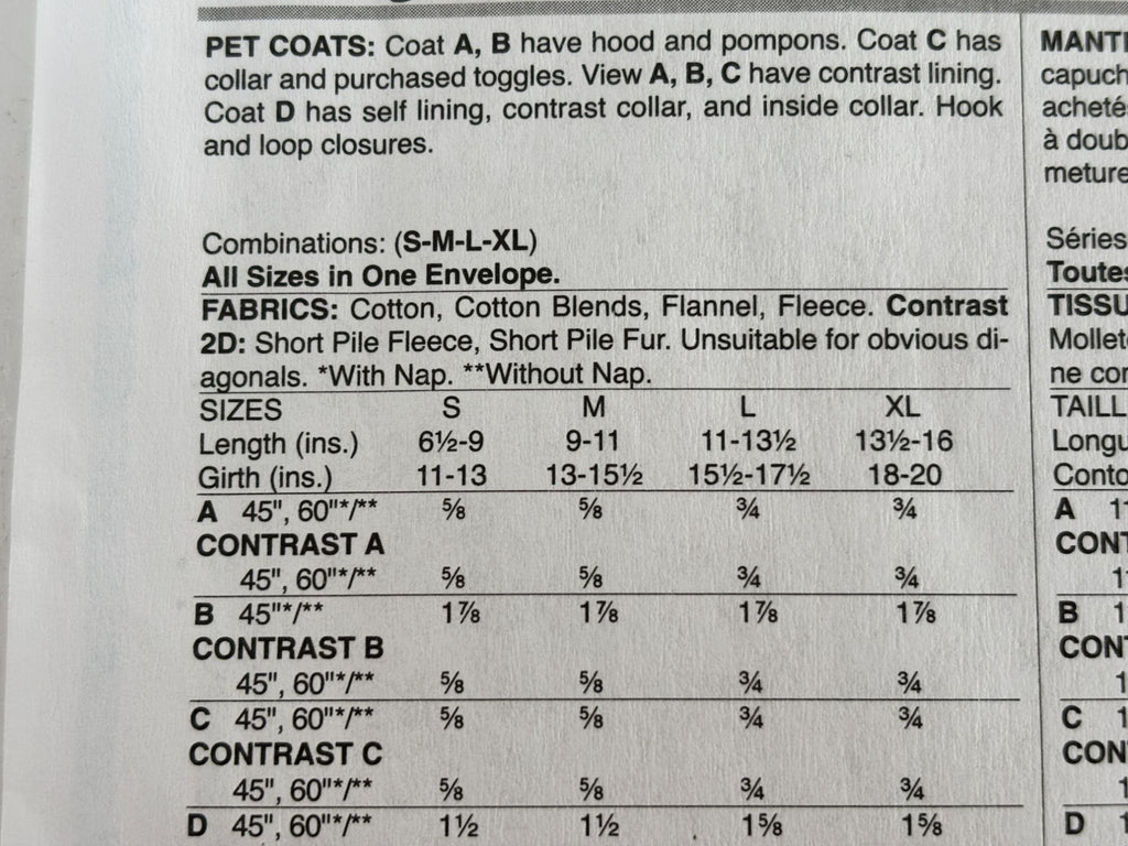 Butterick Sewing Pattern B6432 Dog Coats Pet Clothing Winter Outerwear Hooded UC