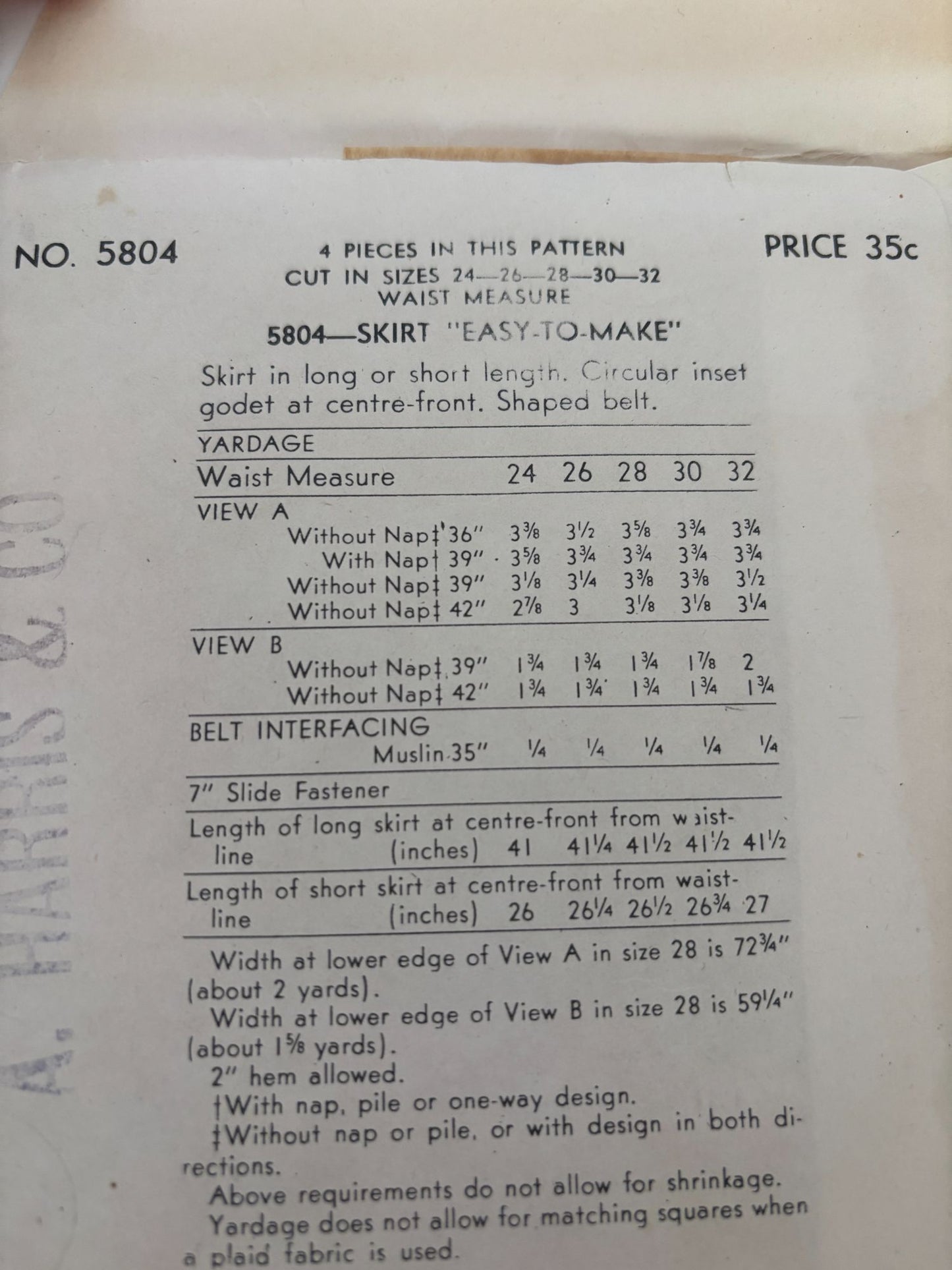 Vogue Sewing Pattern 5804 Vintage Skirt Formal Evening Work 30 Inch Waist 1940s