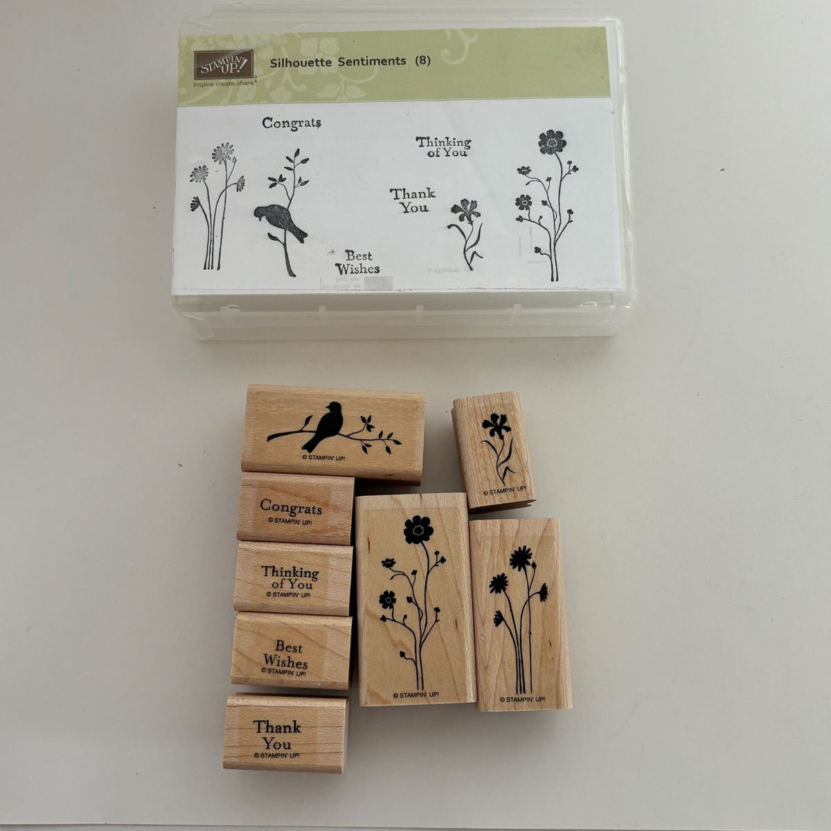 Stampin Up Stamp Set Silhouette Sentiments Wood Floral Bird Cardmaking Thank You Best Wishes