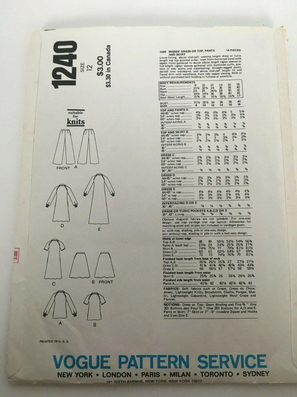 Vogue Sewing Pattern 1240 Vintage 70s Boho Maxi Dress Tunic Top Pants 12 Uncut
