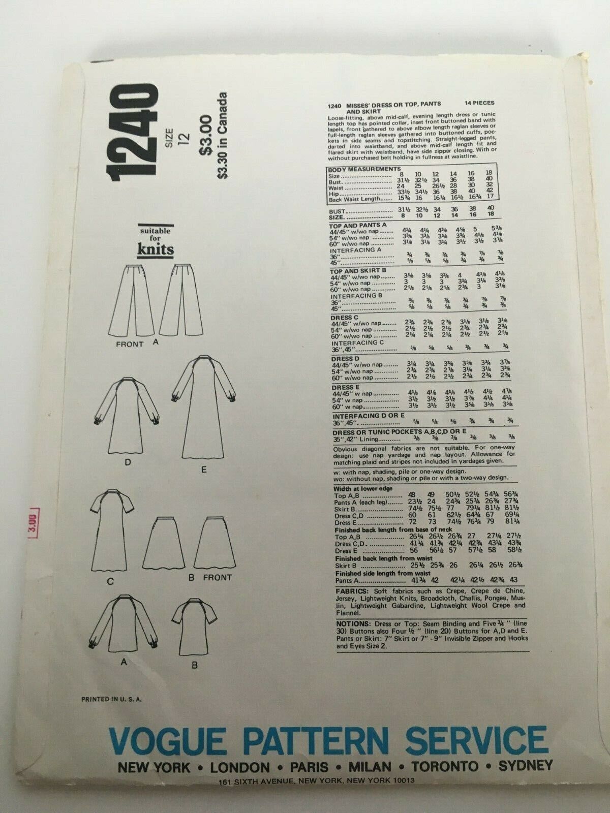 Vogue Sewing Pattern 1240 Vintage 70s Boho Maxi Dress Tunic Top Pants 12 Uncut