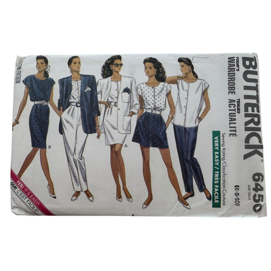Butterick Sewing Pattern 6450 Easy Wardrobe Dress Shirt Pants Shorts 6-10 1980s