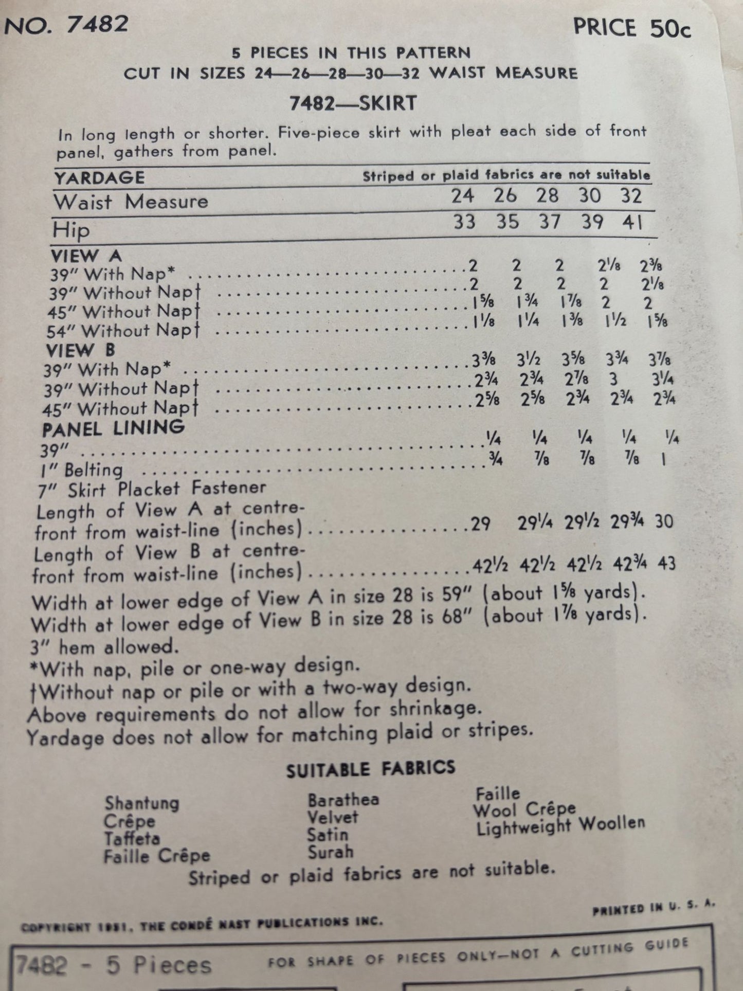 Vogue Sewing Pattern 7482 Skirt Vintage 1951 Evening Formal Gathered 26" Waist