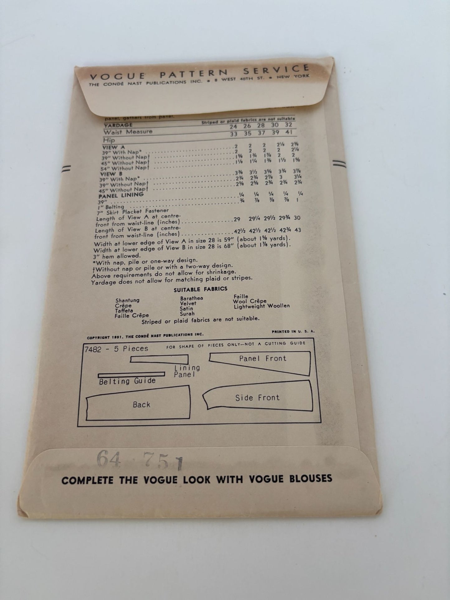 Vogue Sewing Pattern 7482 Skirt Vintage 1951 Evening Formal Gathered 26" Waist