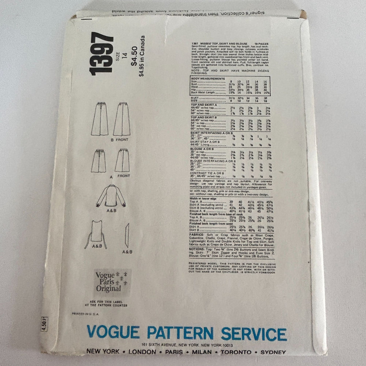 Vogue Sewing Pattern 1397 Chloe Paris Original Top Skirt Blouse 14 Vintage 1970s Uncut