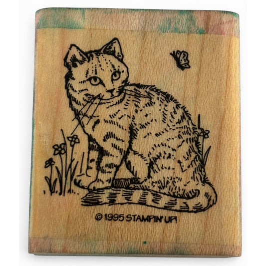 Stampin Up Cat Rubber Stamp Butterfly Spring Garden Pet Animal Cardmaking Craft