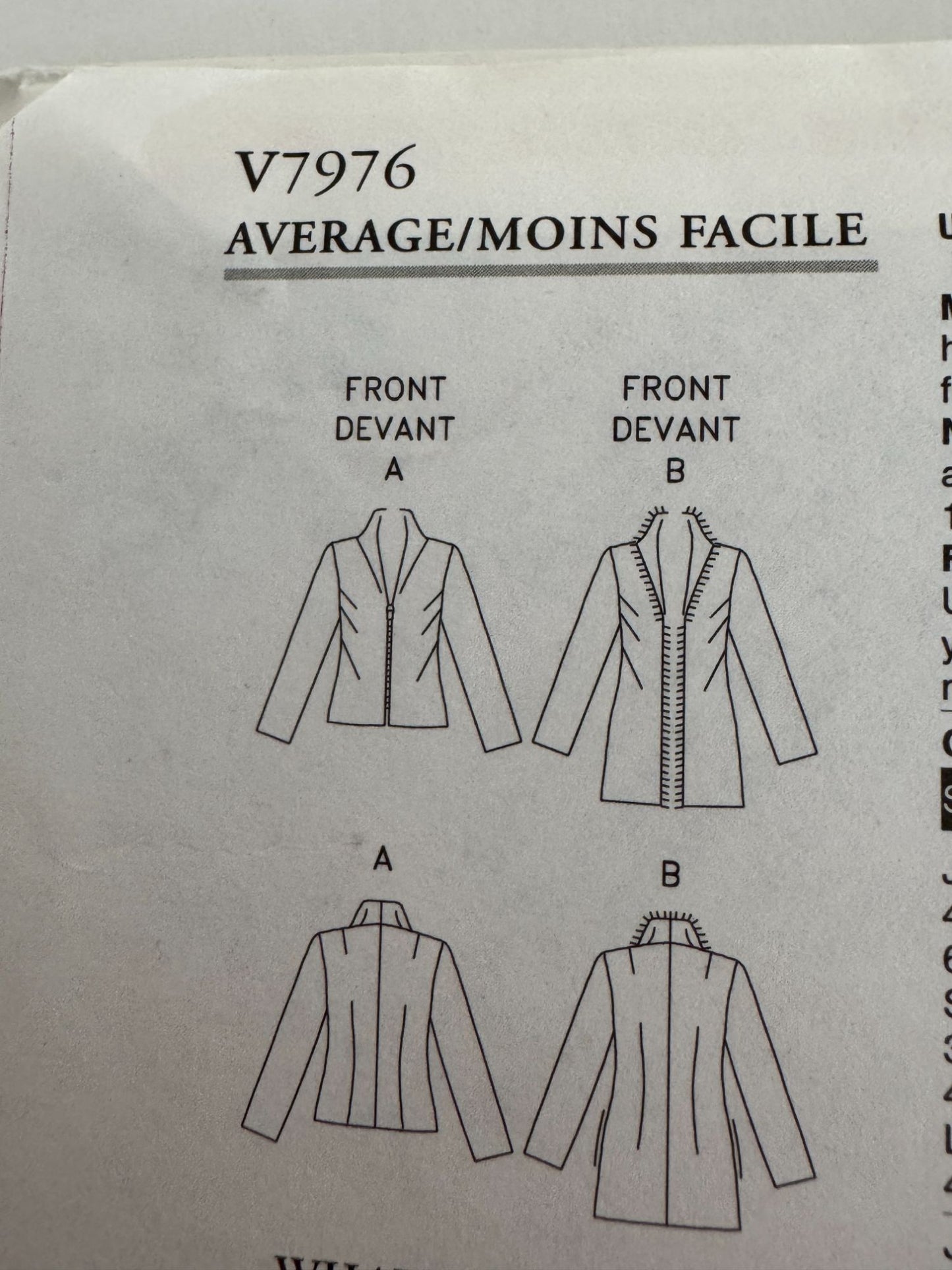 Vogue Sewing Pattern V7976 Lined Jacket Wool Blazer Work Betzina Bust 32-36 UC