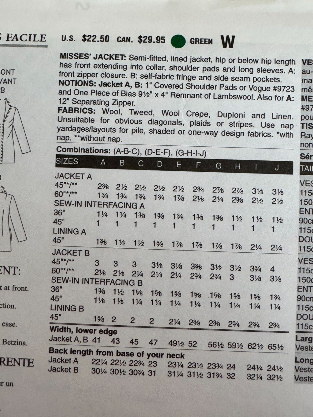Vogue Sewing Pattern V7976 Lined Jacket Wool Blazer Work Betzina Bust 32-36 UC