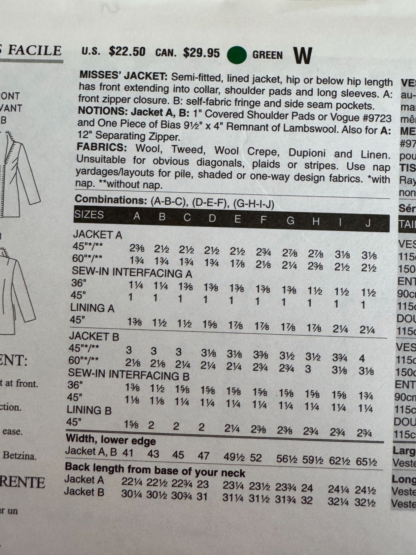 Vogue Sewing Pattern V7976 Lined Jacket Wool Blazer Work Betzina Bust 32-36 UC