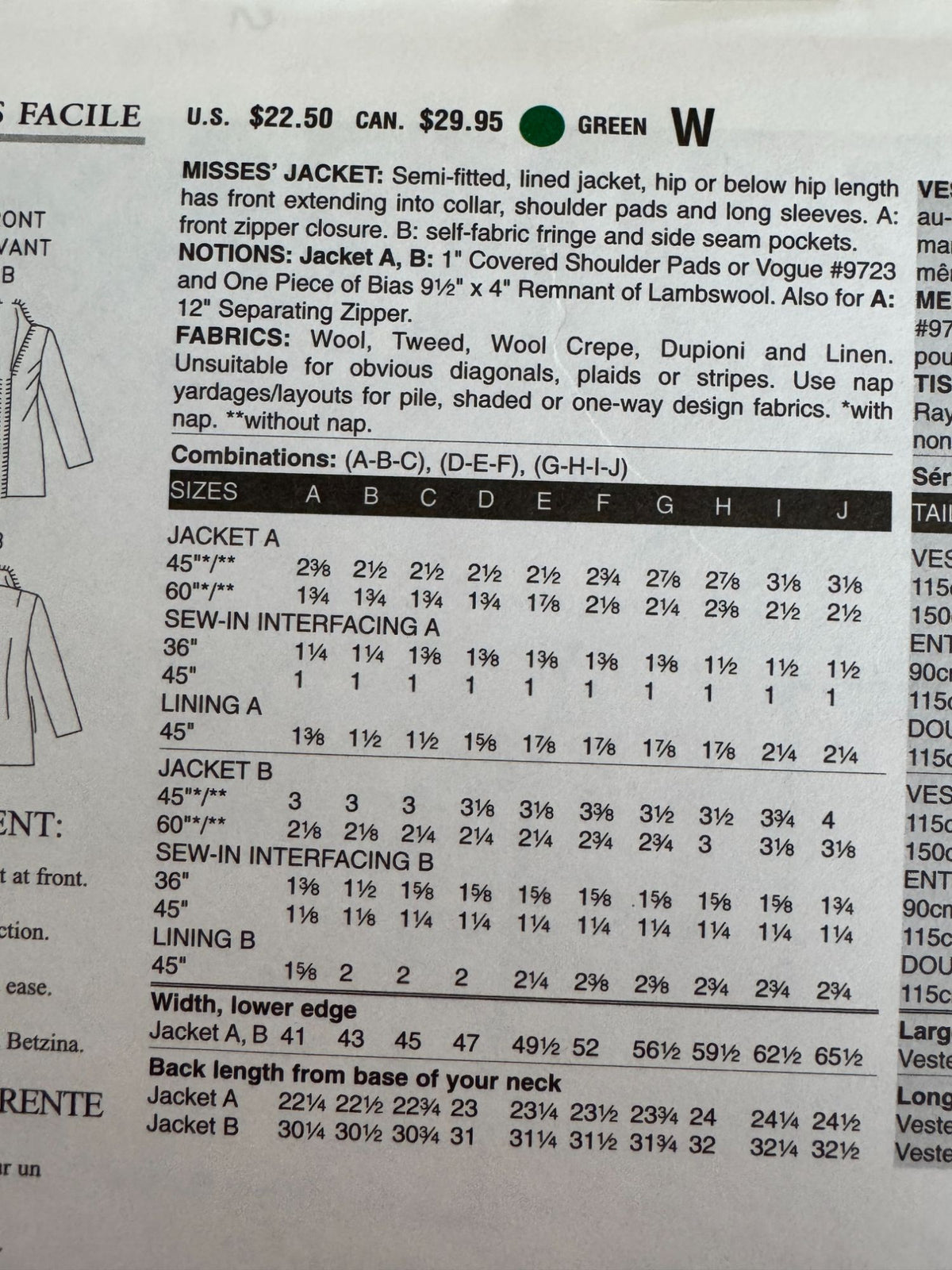 Vogue Sewing Pattern V7976 Lined Jacket Wool Blazer Work Betzina Bust 32-36 UC