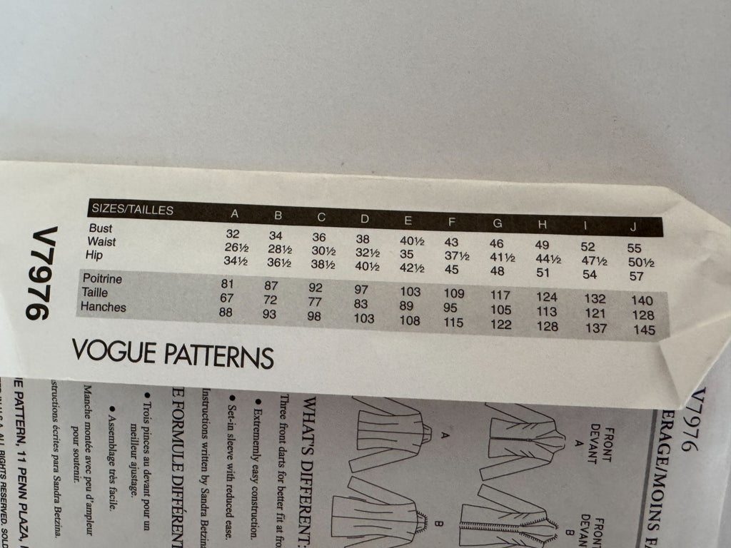 Vogue Sewing Pattern V7976 Lined Jacket Wool Blazer Work Betzina Bust 32-36 UC