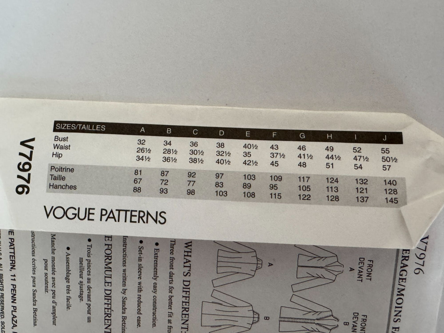 Vogue Sewing Pattern V7976 Lined Jacket Wool Blazer Work Betzina Bust 32-36 UC