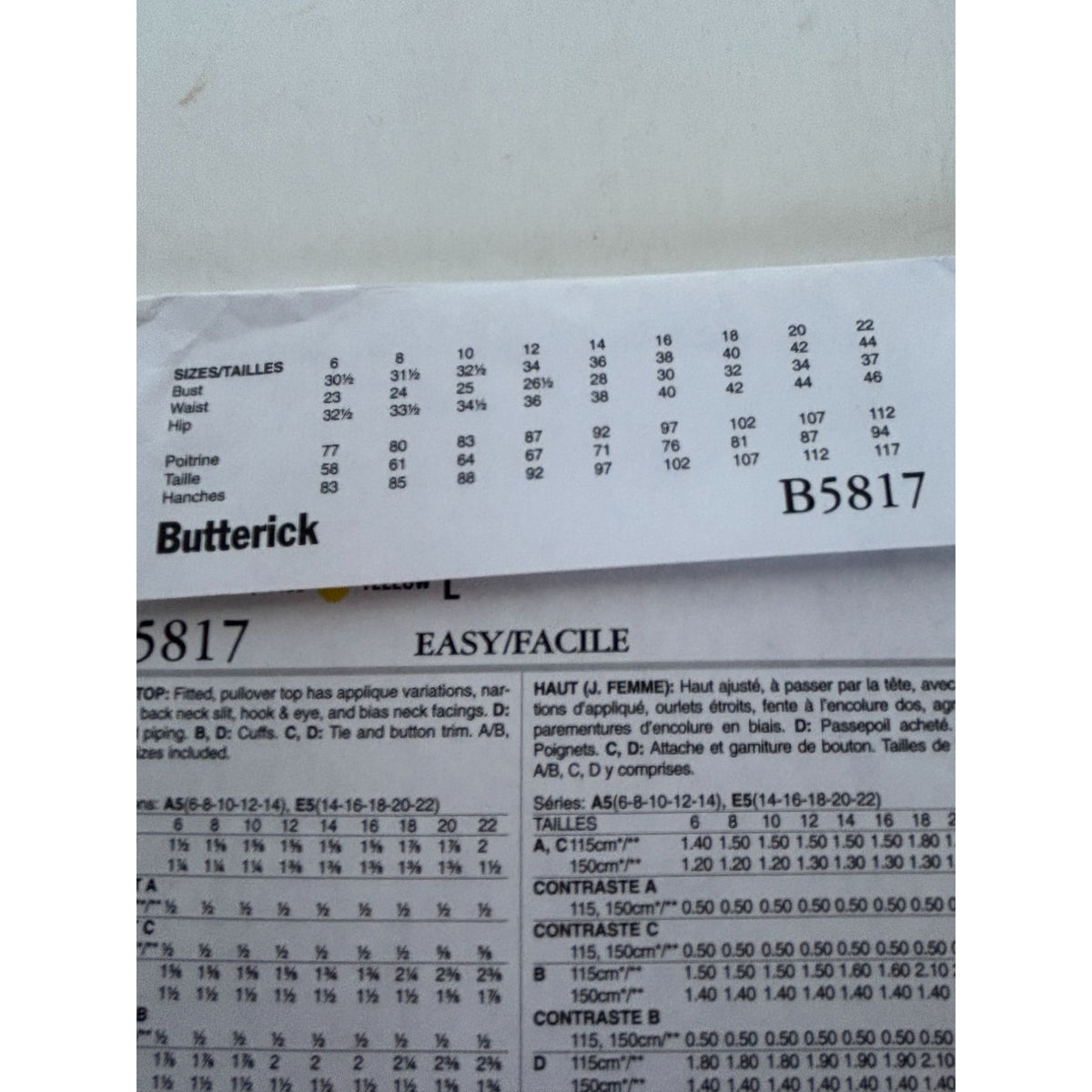 Butterick Sewing Pattern B5817 Blouse With Bow Collar Top Shirt Sizes 6-14 Uncut