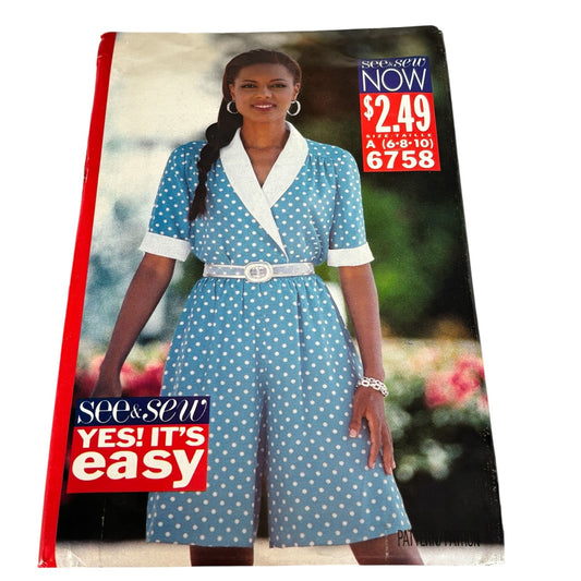 Butterick Sewing Pattern 6758 Wrap Top Split Skirt Culotte Outfit 6-10 90s Uncut