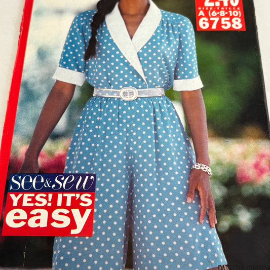 Butterick Sewing Pattern 6758 Wrap Top Split Skirt Culotte Outfit 6-10 90s Uncut