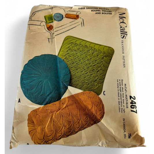 McCalls 2467 Smocked Pillow Pattern Vintage 1961 Round Bolster Square Mid Century Decor Transfer