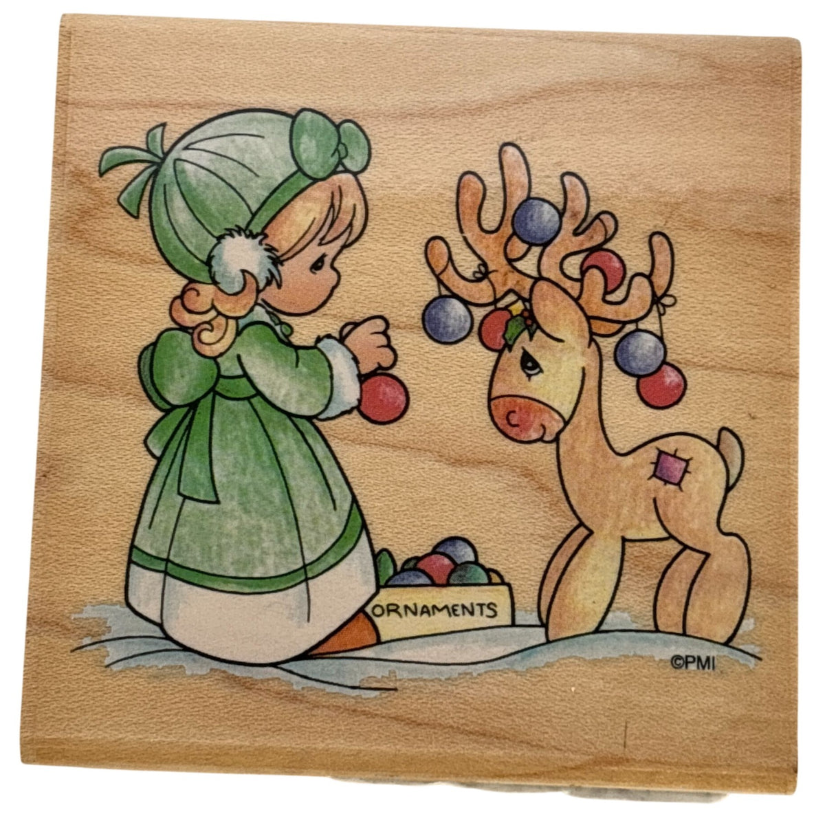 Precious Moments Rubber Stamp Christmas Deer Reindeer Card Making Ornaments Stampendous Wood Mounted